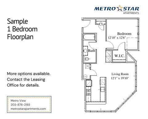 Floor plan for 1 bed, 1 bath, 836 sqft